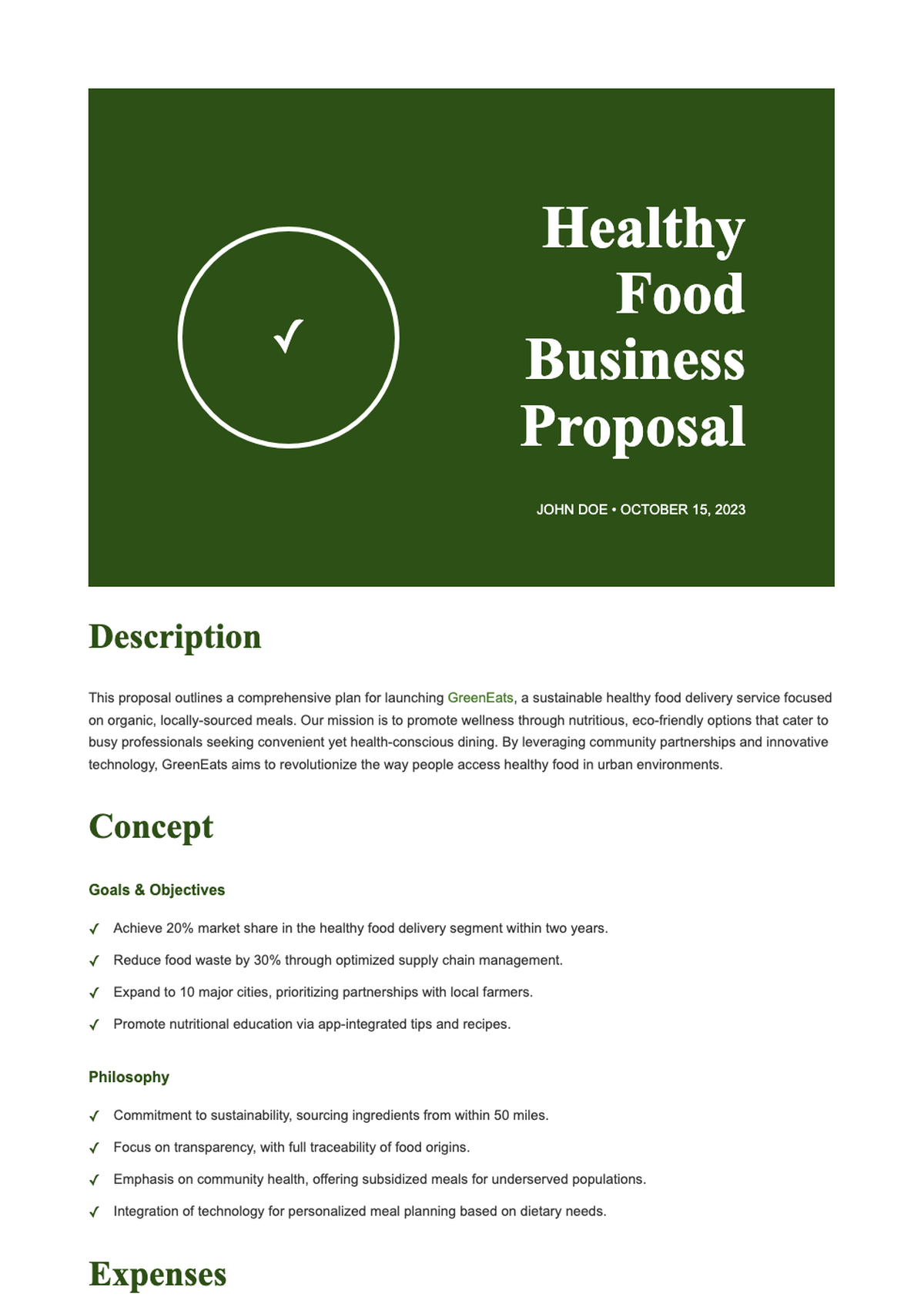 Healthy food business proposal with green header and expense breakdown_variant_1